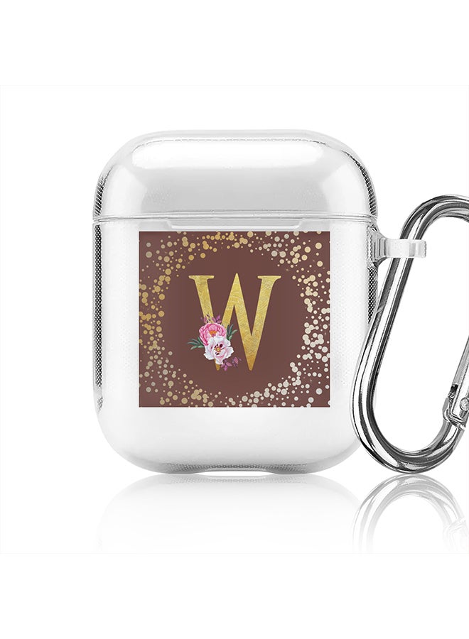 Stylizedd Classic Clear printed Case for Apple Airpods 2 / 1 Soft TPU Gel Thin Transparent Flexible Cover - Custom Monogram Initial Letter Floral Pattern Alphabet - W (Brown ) - Image 1