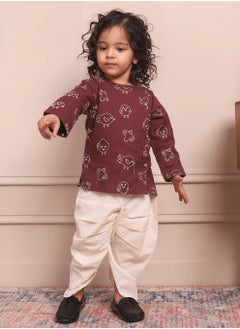 Polka Tots Polka Tots Full Sleeves Birds Embroidery Angrakha with Dhoti - Wine (18M - 24M)  - Image 1