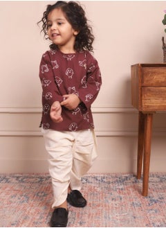 Polka Tots Polka Tots Full Sleeves Birds Embroidery Angrakha with Dhoti - Wine (18M - 24M)  - Image 3