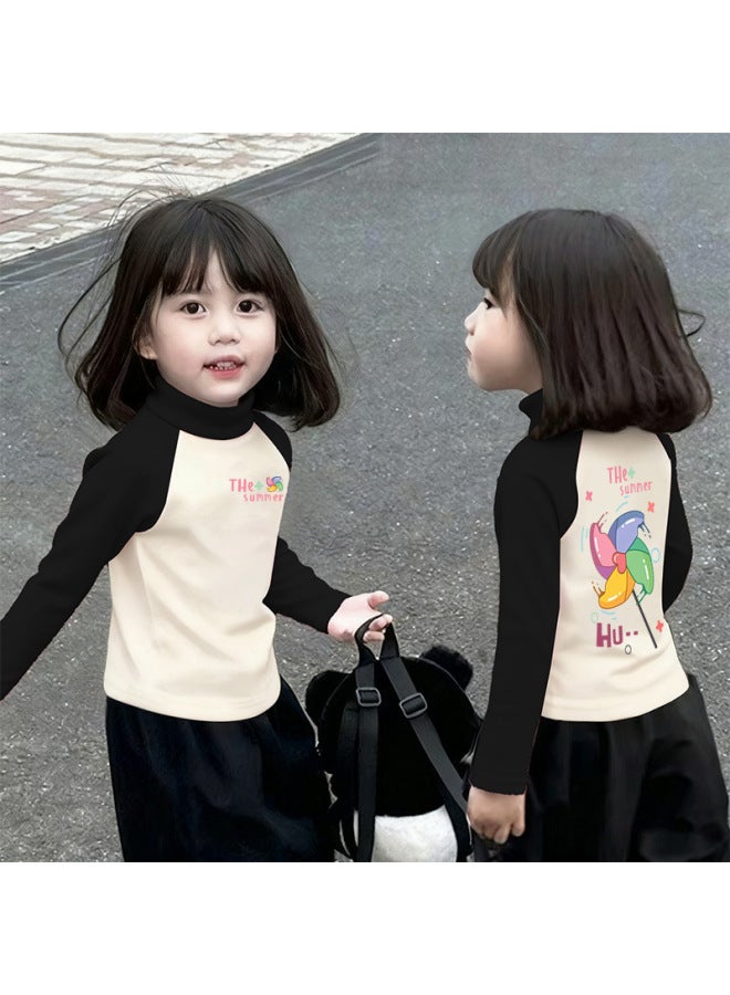 Girls' Thermal Base Layer Top Autumn And Winternew Style For Older Children, Half Turtleneck, Warm Inner Layer, Color-blocking Long Sleeves