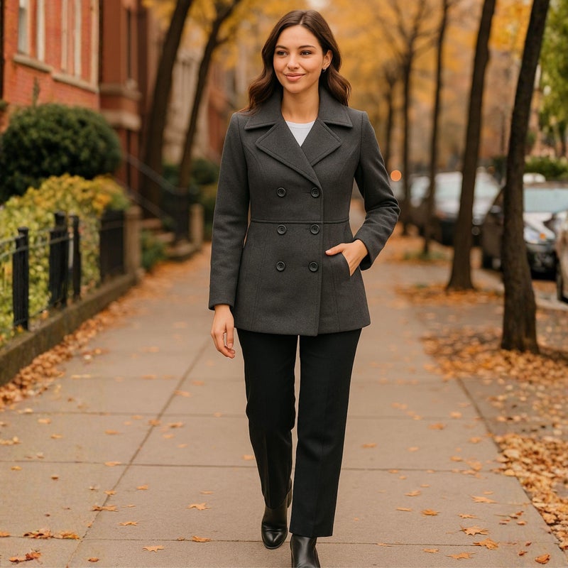 Alpine Swiss Emma Women's Wool Peacoat â€“ Double-Breasted 3/4 Length Overcoat, Stylish & Warm Blazer for Fall & Winter Gray XL - Image 3