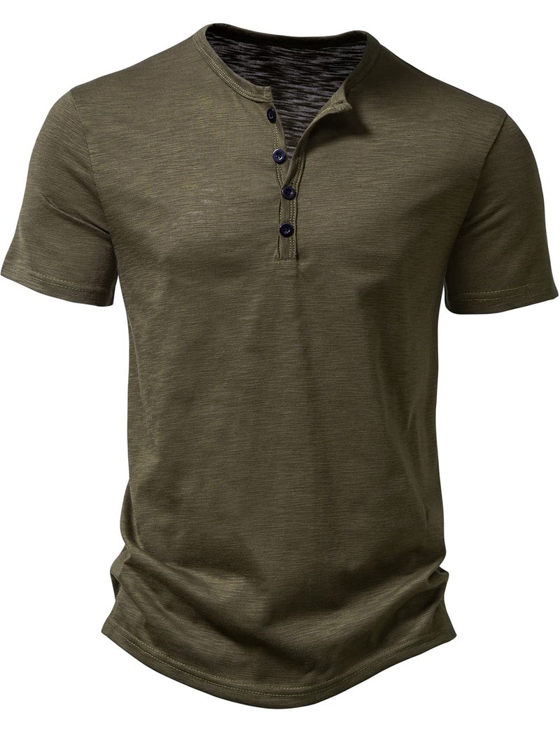 PARKLEES Men's Summer Casual Short Sleeve Henley Shirt Slim Fit 4 Buttons T-Shirts Army Green Medium - Image 1