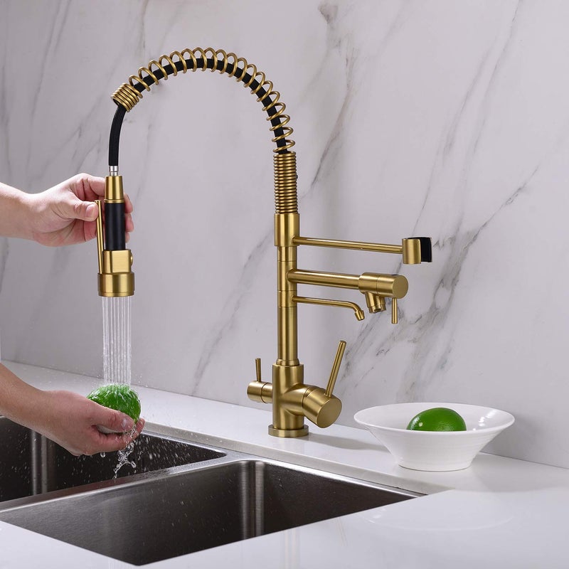 Delle Rosa Kitchen Faucet, 3 Way Drinking Water Faucet, 3 in 1 Water Purifier Faucets, High Arc and Dual Handles Commercial Kitchen Sink Faucetss Brushed Gold - Image 3