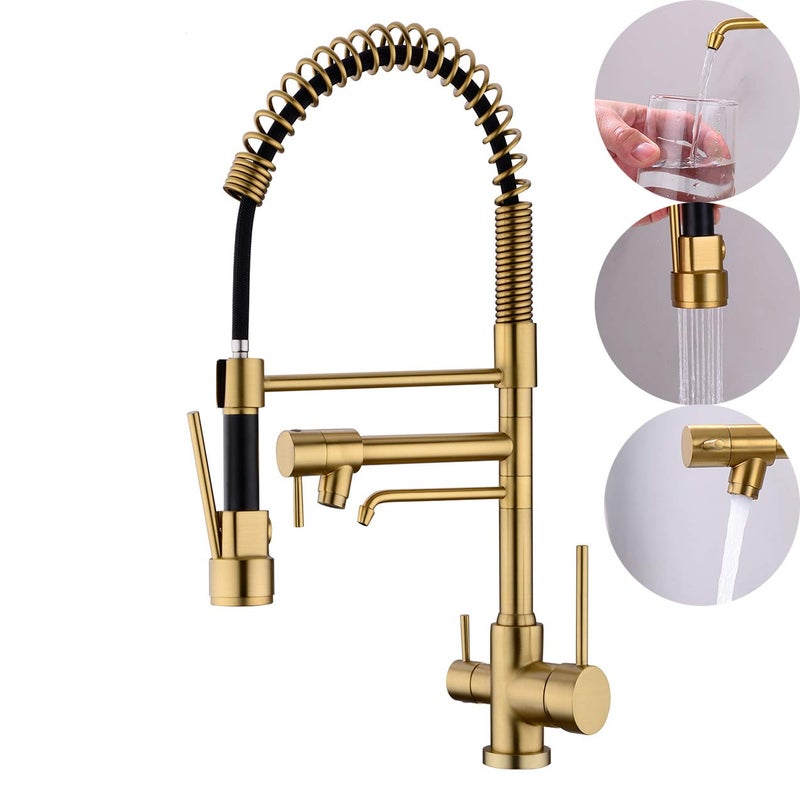 Delle Rosa Kitchen Faucet, 3 Way Drinking Water Faucet, 3 in 1 Water Purifier Faucets, High Arc and Dual Handles Commercial Kitchen Sink Faucetss Brushed Gold - Image 1