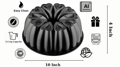 MIENCA Heart Shape Aluminum Cake Pan Titanium Coating NonStick 12 Cups Heavy Duty Gifts for Mom Molded Cake Pan 10 Inch Baking Mold Cast Aluminum Fluted Tube Pan Easy to Clean Black - Image 3