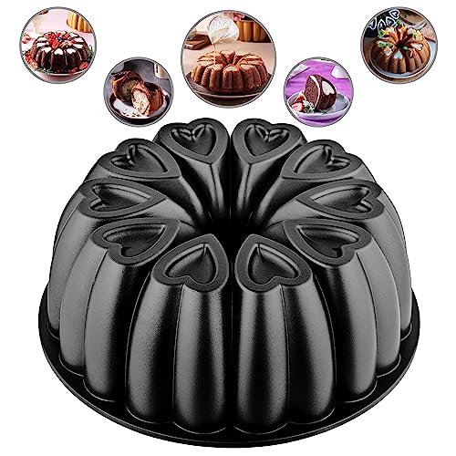 MIENCA Heart Shape Aluminum Cake Pan Titanium Coating NonStick 12 Cups Heavy Duty Gifts for Mom Molded Cake Pan 10 Inch Baking Mold Cast Aluminum Fluted Tube Pan Easy to Clean Black - Image 1