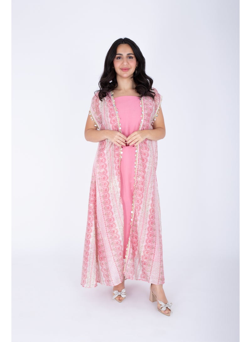 اكسا جلابية عربيسك عصرية بدون أكمام وردي - Image 5