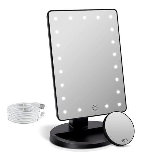 FASCINATE Makeup Vanity Mirror with Lights Lighted Makeup Mirror with Detachable 10X Magnification 21 Led Dimming Touch Sensor Dual Power Supply 180 Rotation Portable Cosmetic Mirror