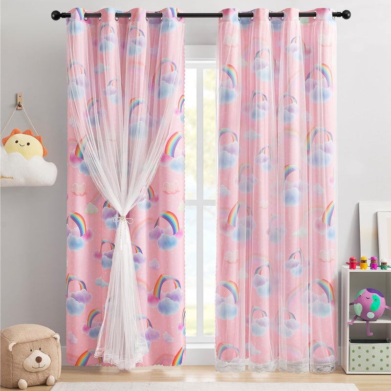 XiDi Pink Curtains for Girls Bedroom 2 Panels 63 Inches Long Cute Double Layer Kids Rainbow Blackout Curtains with Sheer Overlay Lace for Nursery Princess Thermal Insulated Grommet Window Drapes 34x63 - Image 1
