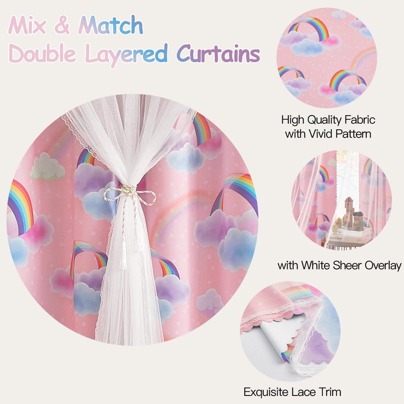 XiDi Pink Curtains for Girls Bedroom 2 Panels 63 Inches Long Cute Double Layer Kids Rainbow Blackout Curtains with Sheer Overlay Lace for Nursery Princess Thermal Insulated Grommet Window Drapes 34x63 - Image 5