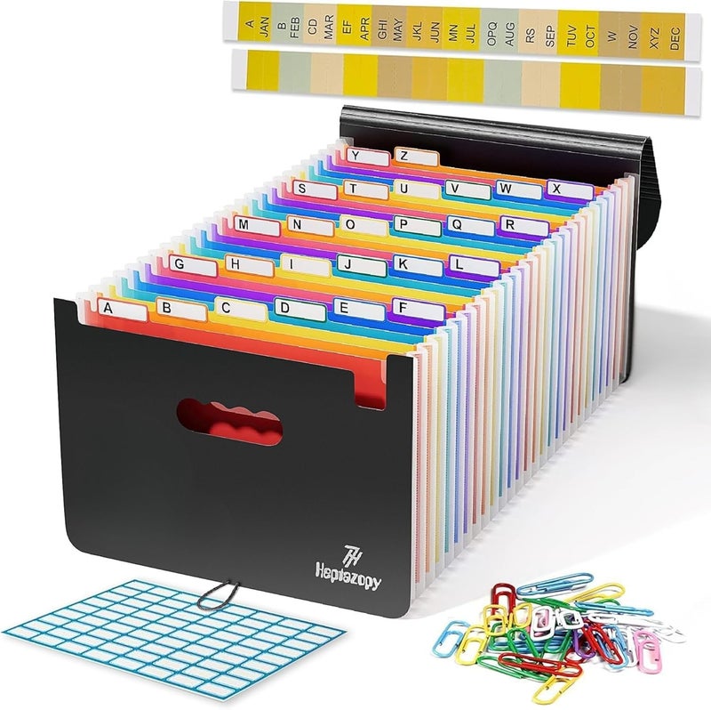 Heptazopy 26 Pockets Plastic Accordion File Organizer, Expanding File Folder Organizer, A4 Letter Size Filing Organizer with Colorful Tabs, Elastic Cord, 60 Paper Clip, Label & Stickers for Office School Home - Image 1