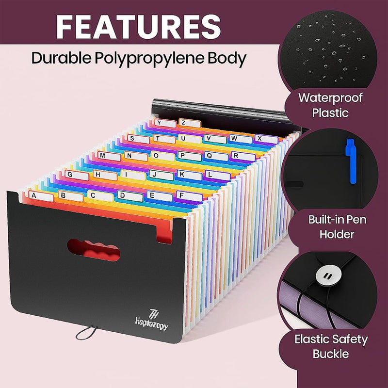 Heptazopy 26 Pockets Plastic Accordion File Organizer, Expanding File Folder Organizer, A4 Letter Size Filing Organizer with Colorful Tabs, Elastic Cord, 60 Paper Clip, Label & Stickers for Office School Home - Image 4