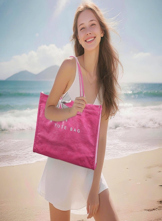 Lushandy PVC Tote Bag for Women, Large Plastic Tote Purse Work Kraft Paper Letter Print Shoulder Bag Carry All Hobo Handbag, Hot Pink, One size - Image 2