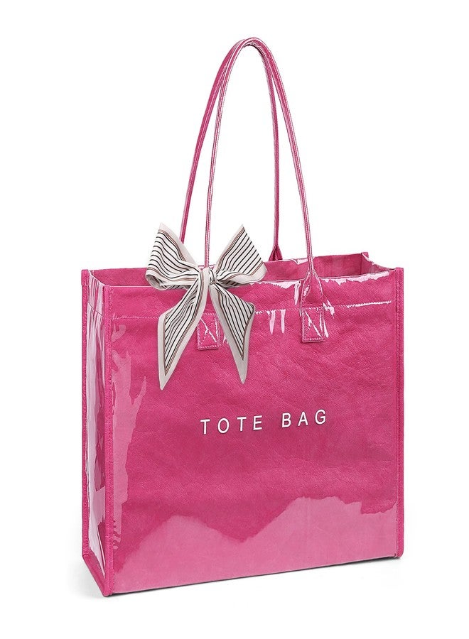 Lushandy PVC Tote Bag for Women, Large Plastic Tote Purse Work Kraft Paper Letter Print Shoulder Bag Carry All Hobo Handbag, Hot Pink, One size - Image 1