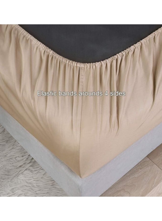 PHF Fitted Sheet 300 Thread Count Satin 100% Cotton Natural Soft Durable Breathable Warm for Winter Double Size 54 x 75 x 15 Inches, Khaki - Image 4