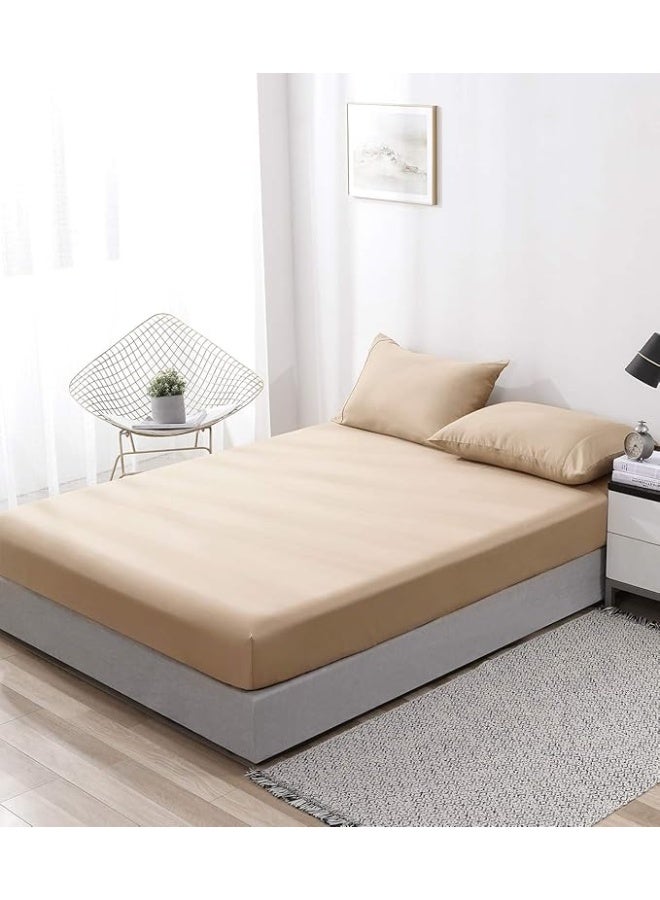 PHF Fitted Sheet 300 Thread Count Satin 100% Cotton Natural Soft Durable Breathable Warm for Winter Double Size 54 x 75 x 15 Inches, Khaki - Image 2