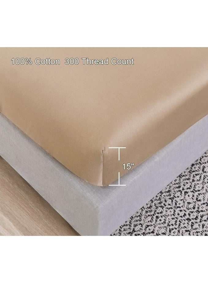 PHF Fitted Sheet 300 Thread Count Satin 100% Cotton Natural Soft Durable Breathable Warm for Winter Double Size 54 x 75 x 15 Inches, Khaki - Image 3