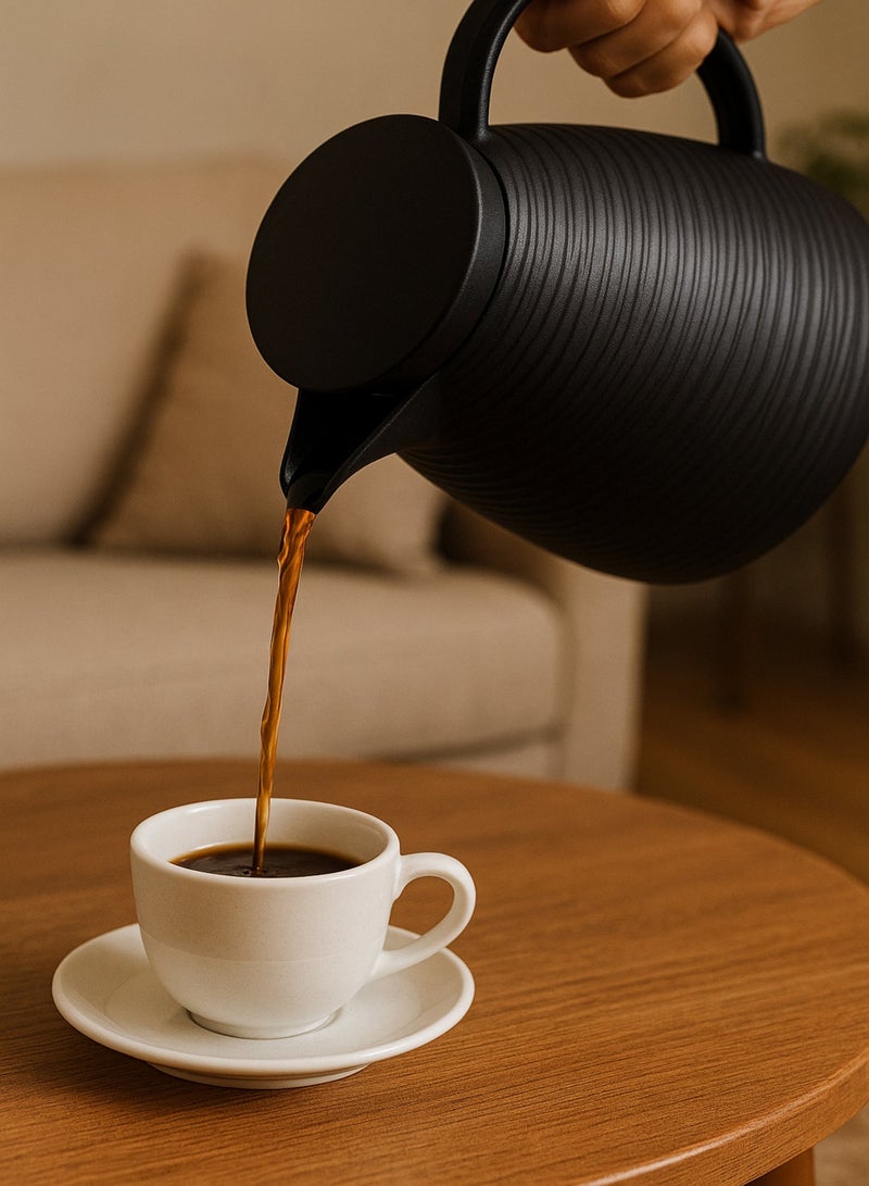 BASURRAH Black Thermal Coffee and Tea Flask with Textured Design – Keeps Drinks Hot for 12 Hours and Cold for 24 Hours – Available in 1L / 1.5L / 2L Capacities – Elegant Design for Serving Coffee in Kitchens and Living Rooms - Image 2