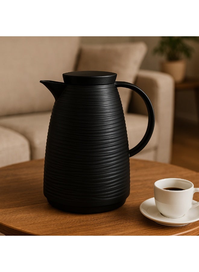 BASURRAH Black Thermal Coffee and Tea Flask with Textured Design – Keeps Drinks Hot for 12 Hours and Cold for 24 Hours – Available in 1L / 1.5L / 2L Capacities – Elegant Design for Serving Coffee in Kitchens and Living Rooms - Image 1