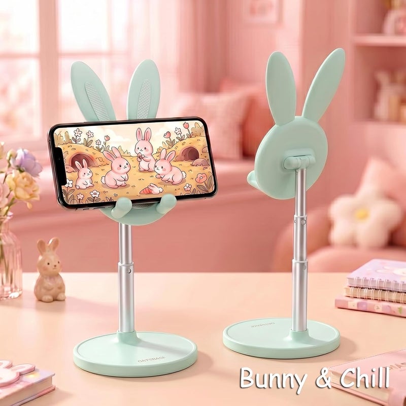 Oatsbasf Cute Cell Phone Stand, Adjustable Bunny Phone Stand for Desk, Thick Case Friendly Holder Compatible with iPhone, Kindle, iPad, Switch, All Phones (Green) - Image 3