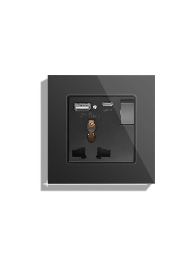 promass Single Switched Universal Wall Socket with USB C & USB A - 1 Gang Black, Multifunctional Wall Outlet, Power Socket with Glass Panel Applicable for Over 180 Countries Plug Type - Image 1