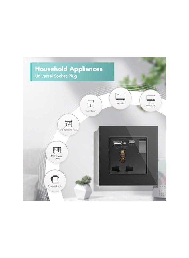 promass Single Switched Universal Wall Socket with USB C & USB A - 1 Gang Black, Multifunctional Wall Outlet, Power Socket with Glass Panel Applicable for Over 180 Countries Plug Type - Image 5