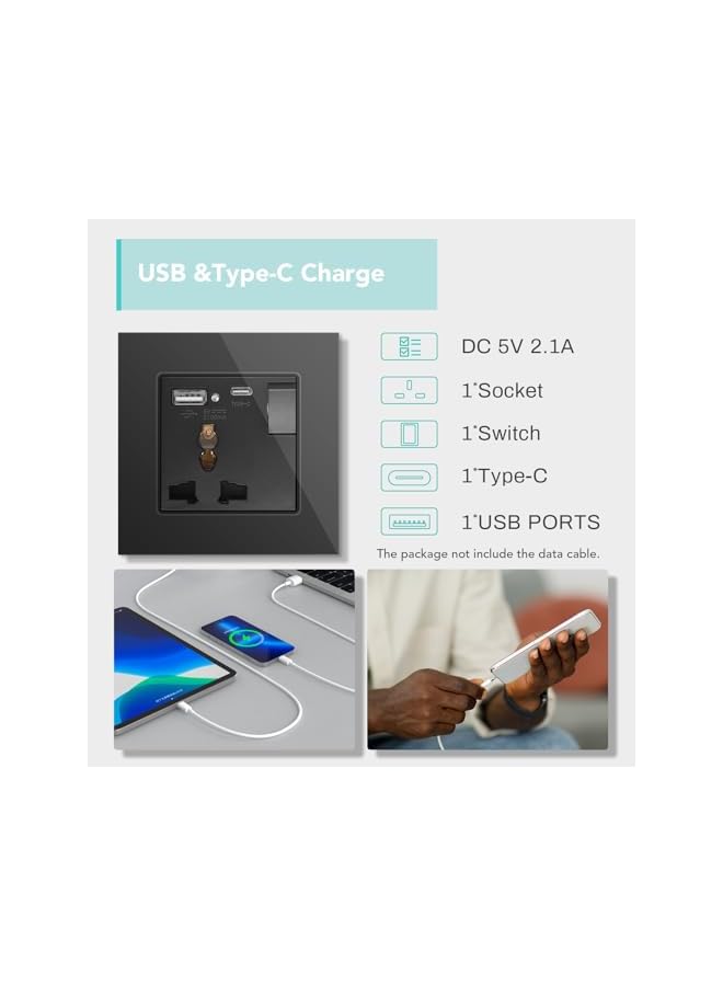 promass Single Switched Universal Wall Socket with USB C & USB A - 1 Gang Black, Multifunctional Wall Outlet, Power Socket with Glass Panel Applicable for Over 180 Countries Plug Type - Image 2