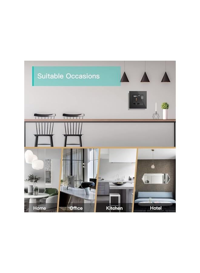 promass Single Switched Universal Wall Socket with USB C & USB A - 1 Gang Black, Multifunctional Wall Outlet, Power Socket with Glass Panel Applicable for Over 180 Countries Plug Type - Image 3