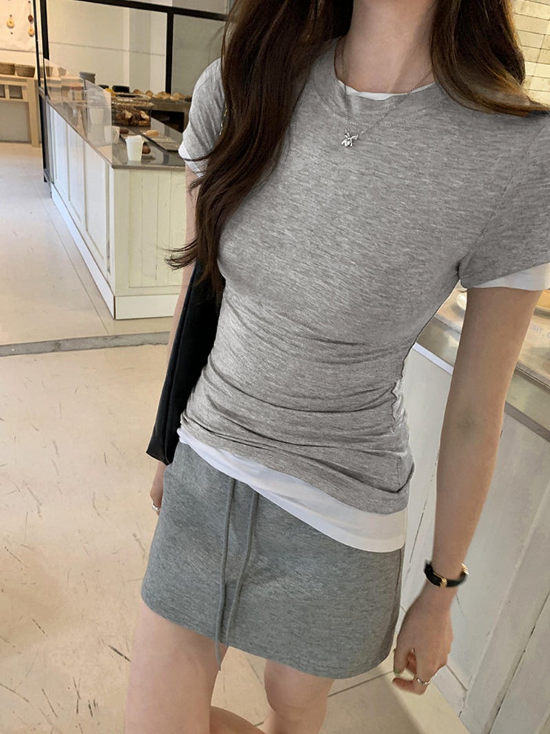 Casual Pure Color Round Neck Short-Sleeved T-Shirt For Women 2025 Spring And Slim Fit Casual And Beautiful Top Trendy - Image 4