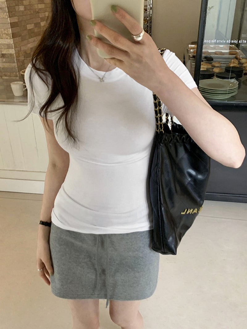 Casual Pure Color Round Neck Short-Sleeved T-Shirt For Women 2025 Spring And Slim Fit Casual And Beautiful Top Trendy - Image 3