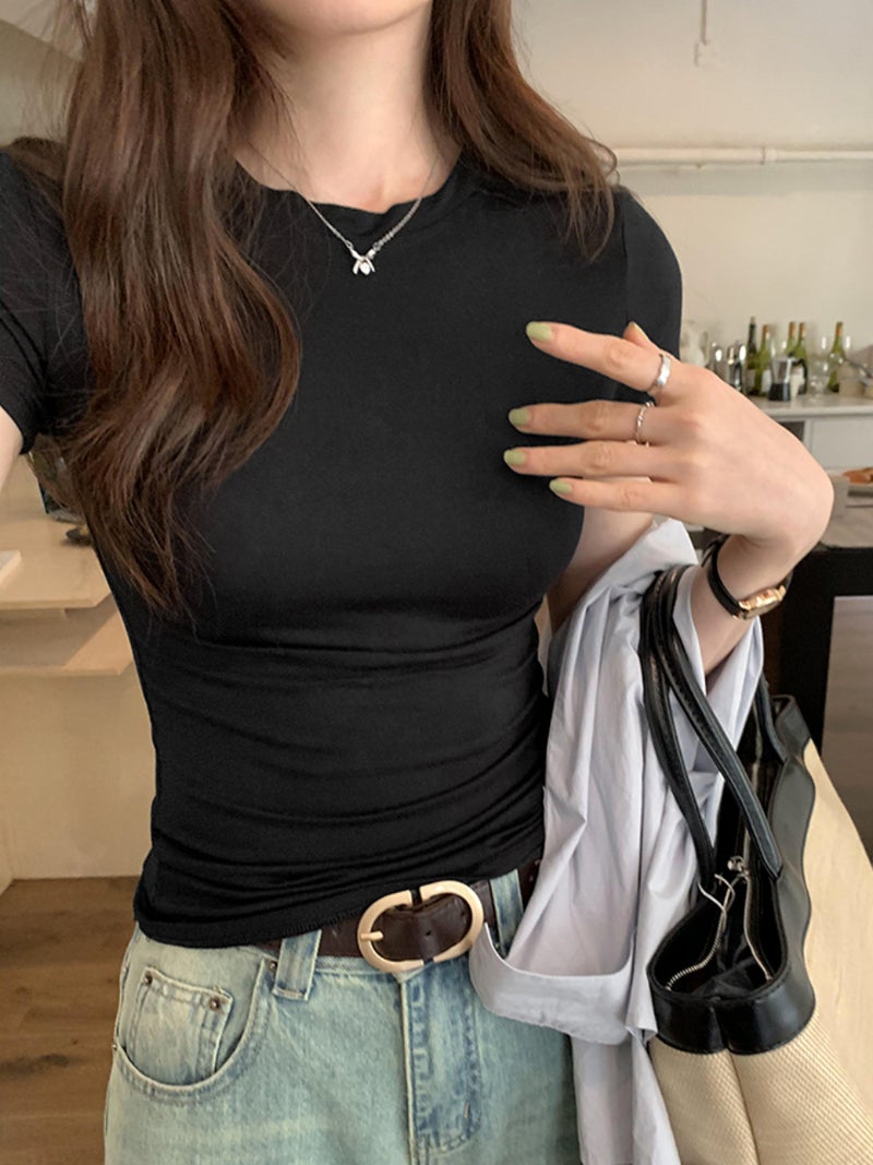 Casual Pure Color Round Neck Short-Sleeved T-Shirt For Women 2025 Spring And Slim Fit Casual And Beautiful Top Trendy - Image 5