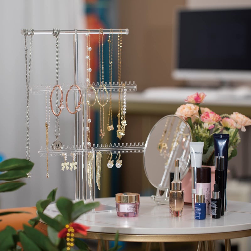 lengnoyp Premium Jewelry Stand, Earring Holder, Necklace Holder Stand, Clear 3-Tier Acrylic Large Storage Jewelry Organizer Stand & Bracelet/Bangles Stand, 48 Earring Holes Display Stands - Image 2