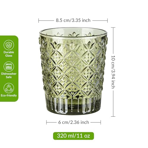 Joeyan Green Vintage Drinking Glasses,Embossed Water Glass Cups,Colored Decorative Glass Tumblers,Elegant Glassware Cups for Beverages Juice Cocktail Beer,11 oz,Set of 6,Dishwasher Safe - Image 2