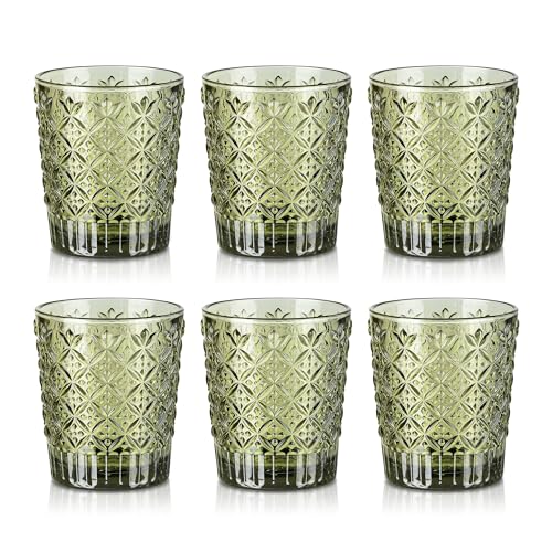 Joeyan Green Vintage Drinking Glasses,Embossed Water Glass Cups,Colored Decorative Glass Tumblers,Elegant Glassware Cups for Beverages Juice Cocktail Beer,11 oz,Set of 6,Dishwasher Safe - Image 1
