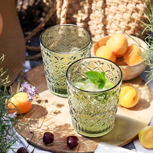 Joeyan Green Vintage Drinking Glasses,Embossed Water Glass Cups,Colored Decorative Glass Tumblers,Elegant Glassware Cups for Beverages Juice Cocktail Beer,11 oz,Set of 6,Dishwasher Safe - Image 3