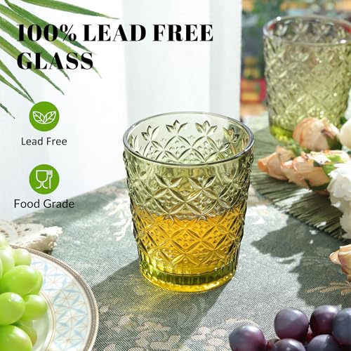 Joeyan Green Vintage Drinking Glasses,Embossed Water Glass Cups,Colored Decorative Glass Tumblers,Elegant Glassware Cups for Beverages Juice Cocktail Beer,11 oz,Set of 6,Dishwasher Safe - Image 4
