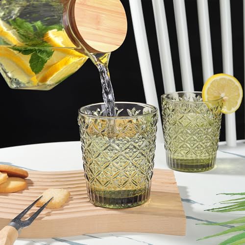 Joeyan Green Vintage Drinking Glasses,Embossed Water Glass Cups,Colored Decorative Glass Tumblers,Elegant Glassware Cups for Beverages Juice Cocktail Beer,11 oz,Set of 6,Dishwasher Safe - Image 5