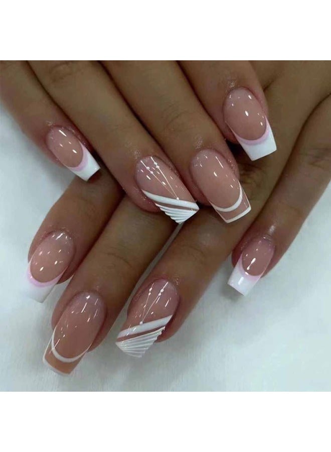 Foccna Pink French Press on Nails Medium, White Fake Nails Square Acrylic False Pink Nails,French Artificial Nails for Women and Girls,24 pcs - Image 1