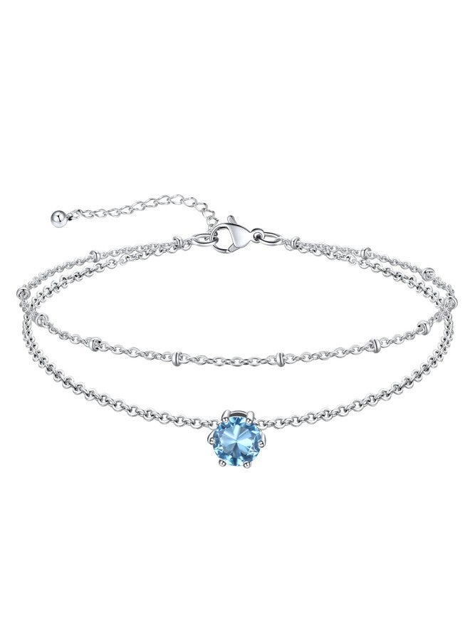 U7 Ankle Bracelets for Women, Silver Anklets for Women with March Birthstone, Waterproof 8.5"-10.5" - Image 1