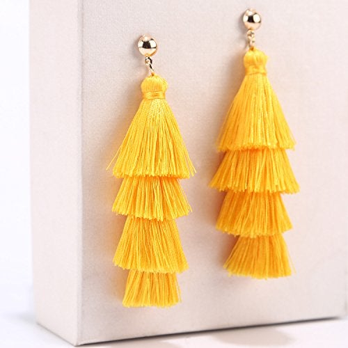 BaubleStar Fashion Tassel Dangle Earrings for Women Layered Long Bonita Tiered Yellow Thread Tassel Drop Statement Jewelry - Image 4