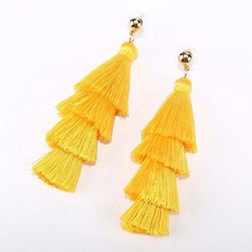 BaubleStar Fashion Tassel Dangle Earrings for Women Layered Long Bonita Tiered Yellow Thread Tassel Drop Statement Jewelry - Image 3