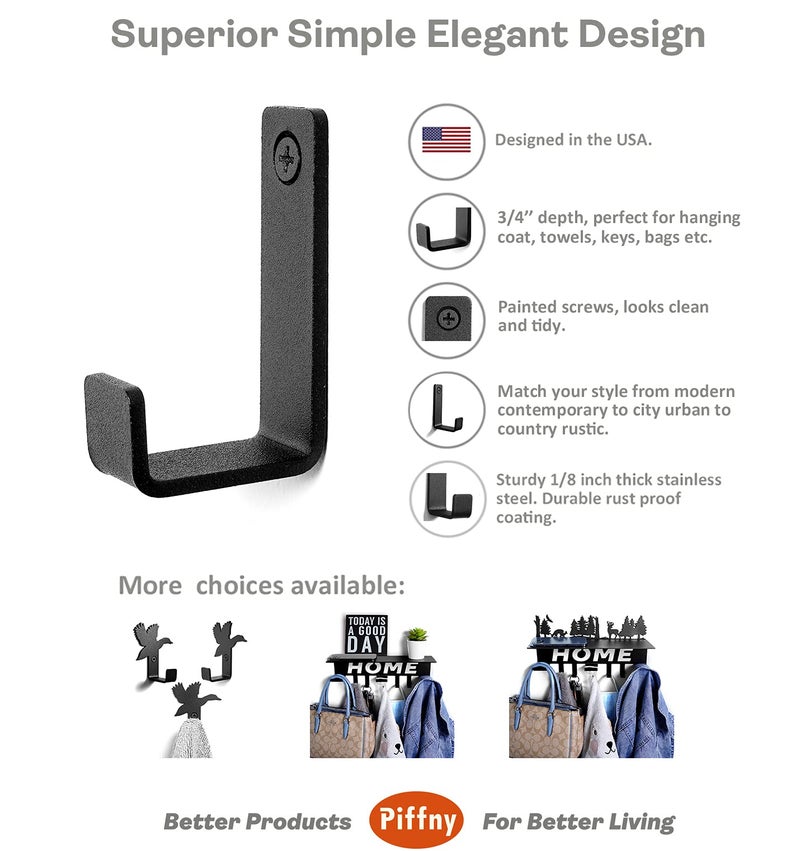Piffny Robe & Towel Hook, 6 Pack Heavy Duty Stainless Steel Outdoor Wall Hooks for Hanging Towel, Coat, Backpack, Keys, etc (Modern Industrial) - Image 2