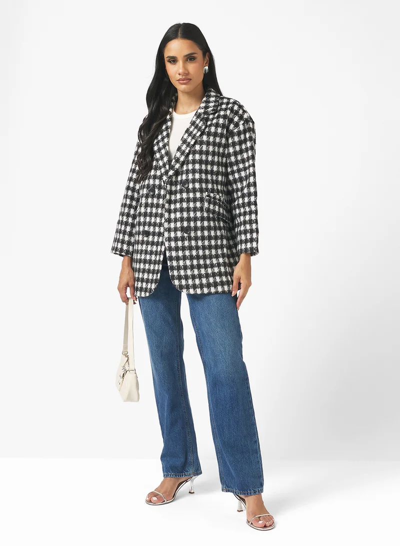 Ginger Woolen Longline Houndstooth Coat