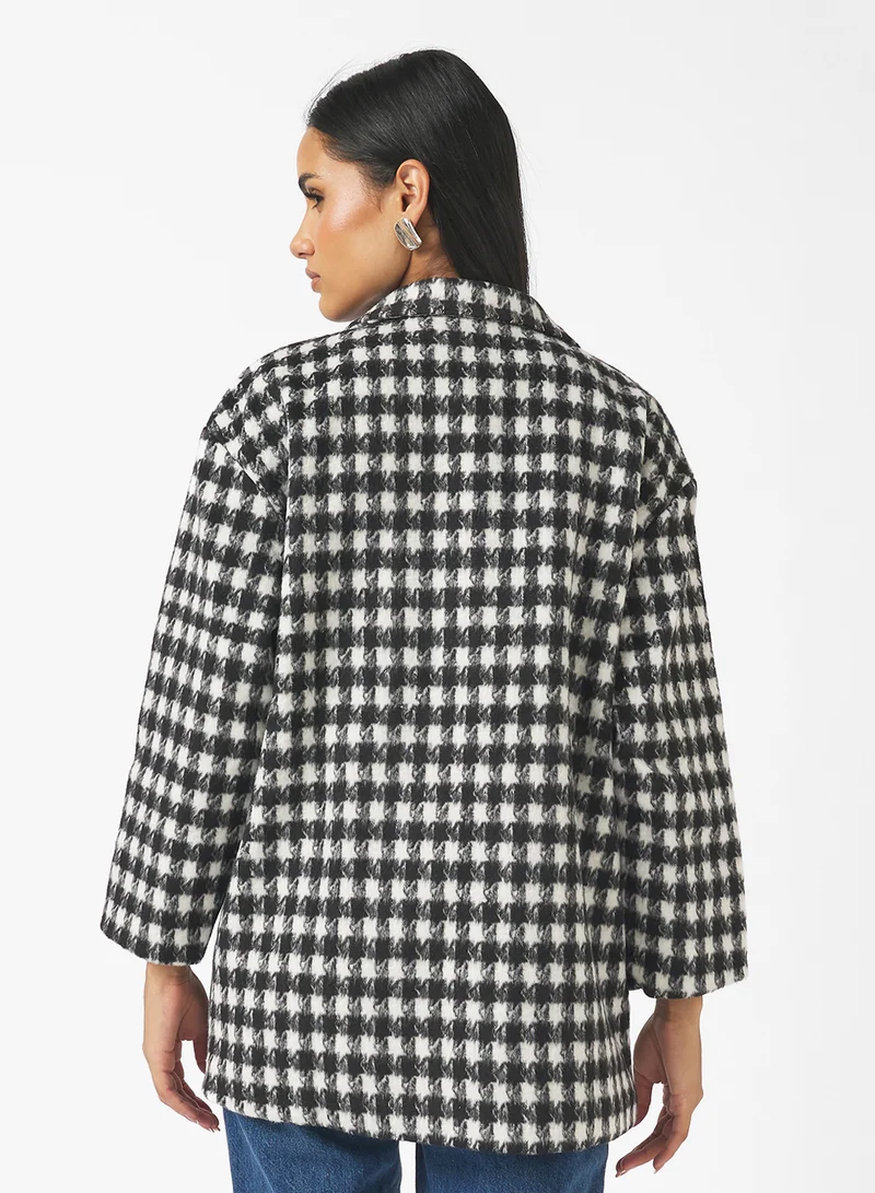 Ginger Woolen Longline Houndstooth Coat