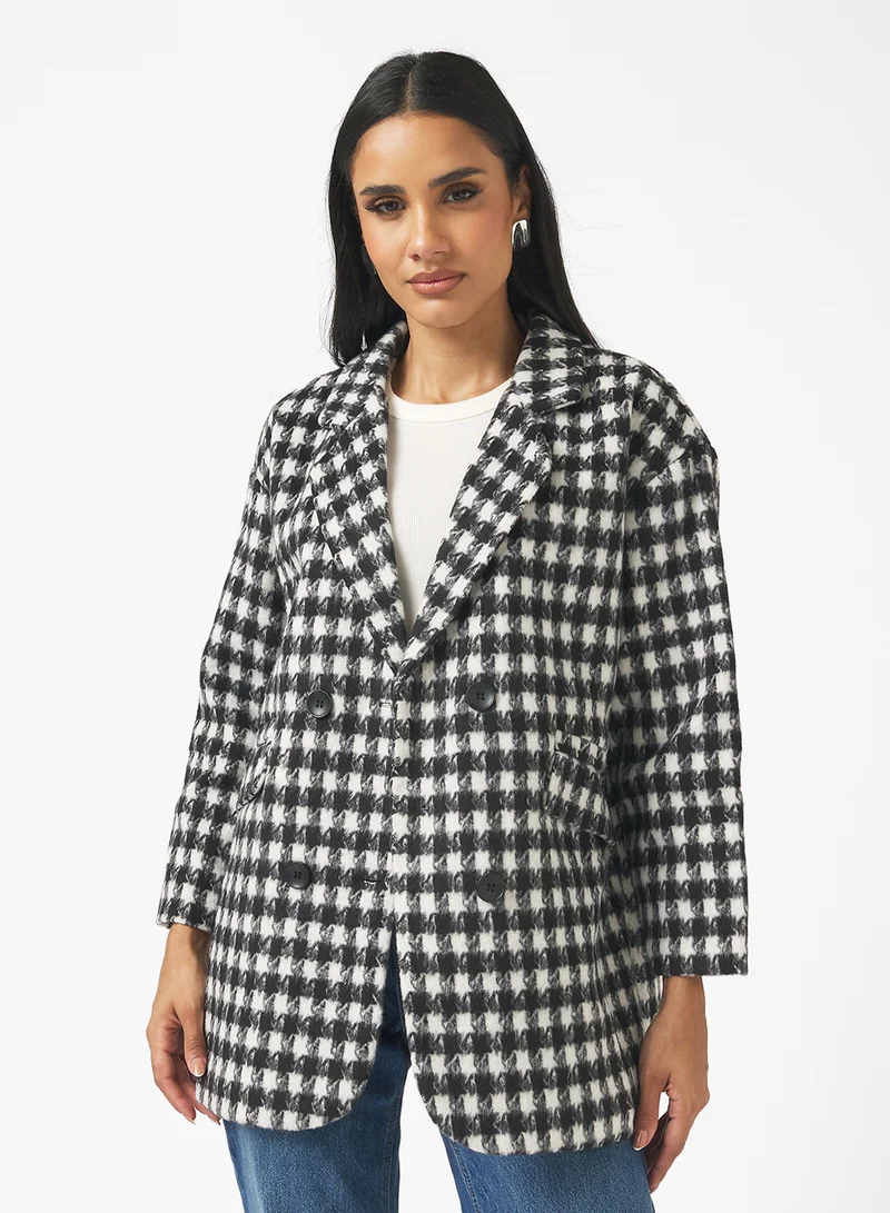 Ginger Woolen Longline Houndstooth Coat