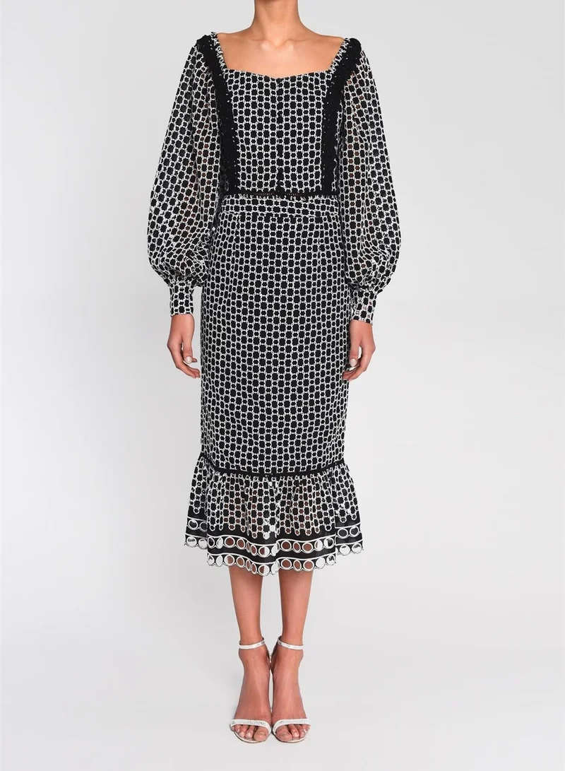 Artemis Black White Broderie Midi Skirt