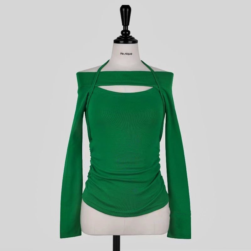 South Korea Dongdaemun Women'S Elegant Neck-Hanging Lace-Up Waist Slim-Fit Pleated Fake Two-Piece Long-Sleeved T-Shirt - Image 1