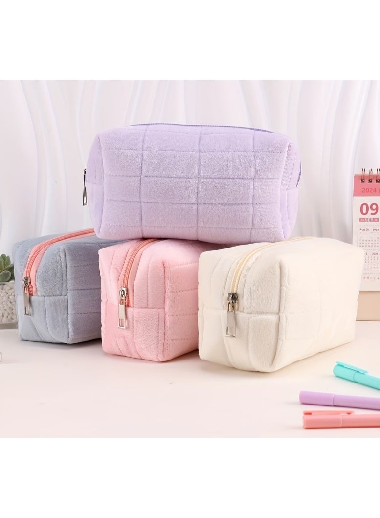 Pink Soft Quilted Makeup Bag – Large Capacity Plush Cosmetic & Toiletry Organizer with Zipper | Portable Travel Storage Pouch for Skincare, Makeup Brushes, Beauty Accessories & Daily Essentials - Image 3
