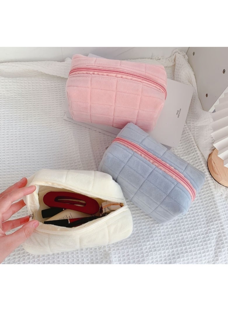 Pink Soft Quilted Makeup Bag – Large Capacity Plush Cosmetic & Toiletry Organizer with Zipper | Portable Travel Storage Pouch for Skincare, Makeup Brushes, Beauty Accessories & Daily Essentials - Image 2