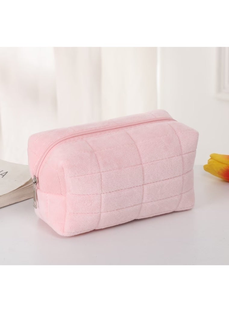 Pink Soft Quilted Makeup Bag – Large Capacity Plush Cosmetic & Toiletry Organizer with Zipper | Portable Travel Storage Pouch for Skincare, Makeup Brushes, Beauty Accessories & Daily Essentials - Image 1